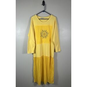 Vintage Johnny Was Dress Womens Large Yellow Embroidered Sun T Shirt Maxi Beach